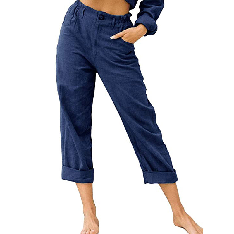 Waist Pants Loose Casual Trousers Navy Blue