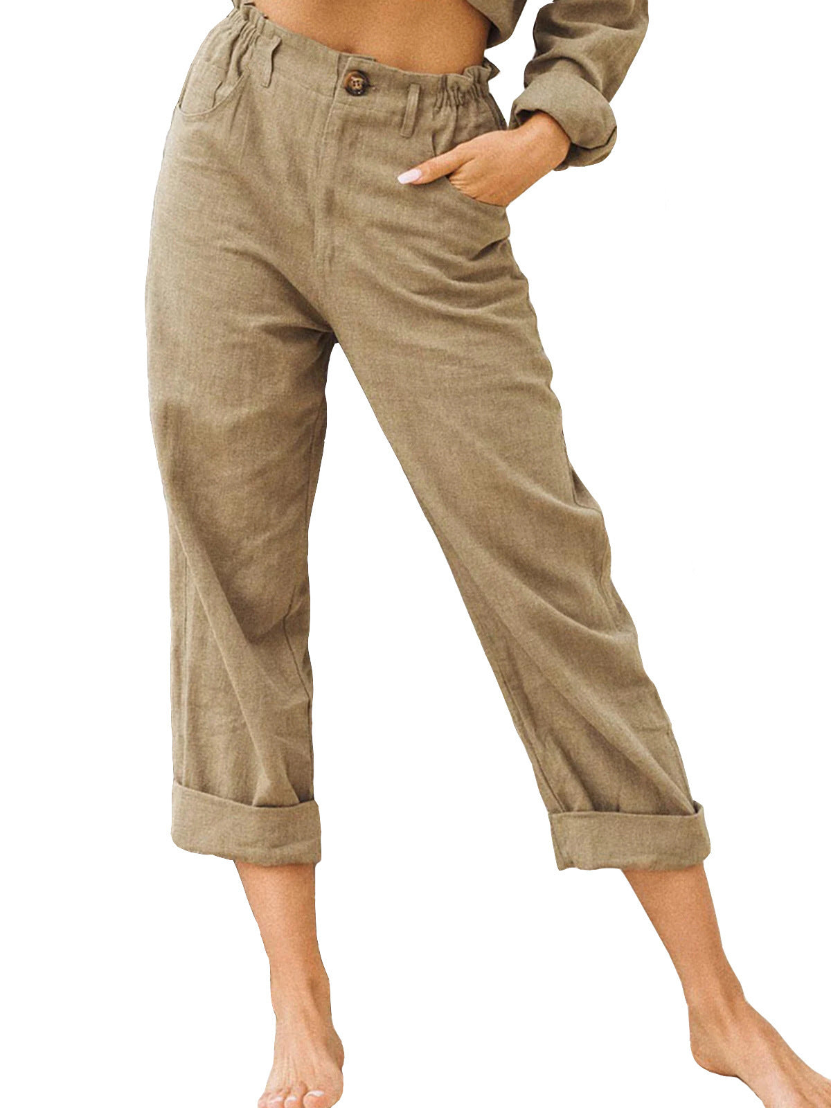 Waist Pants Loose Casual Trousers Brown